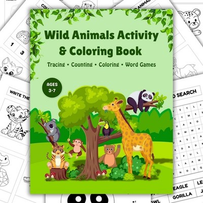 Wild Animals Activity & Coloring Book for Kids   Printable Workbook