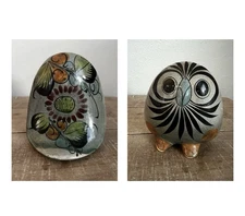 Vintage Tonala Mexican Pottery Owl Figurine Folk Art Hand Painted Multicolor