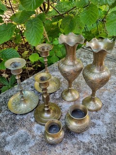 Job Lot Vintage Miniature Brass Candle Sticks Vases & Pots