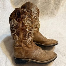 Old West Girl Size 13 Square Toe Leather Cowboy Boot Brown Embroidery