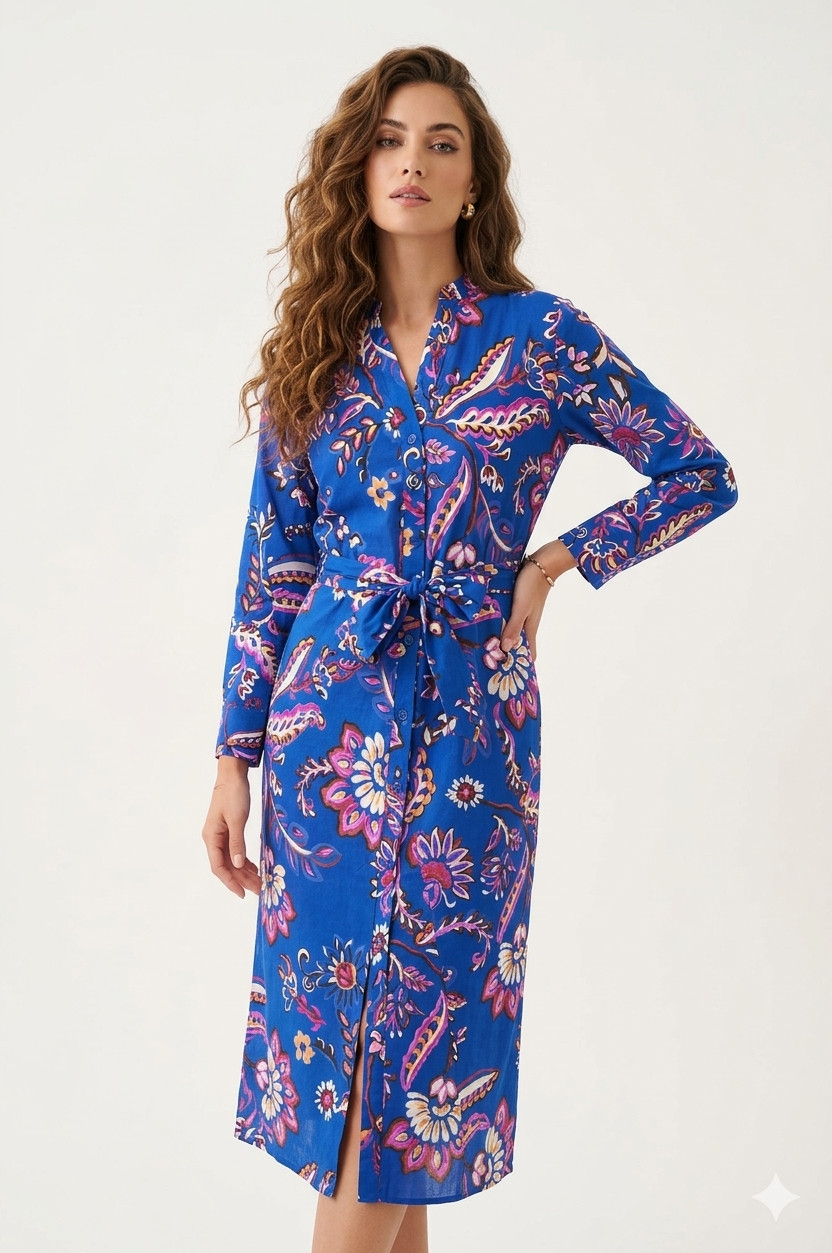 MNG Mango Blue Floral Paisley Midi Shirt Dress – Size 2 – Waist Self-Tie Waist