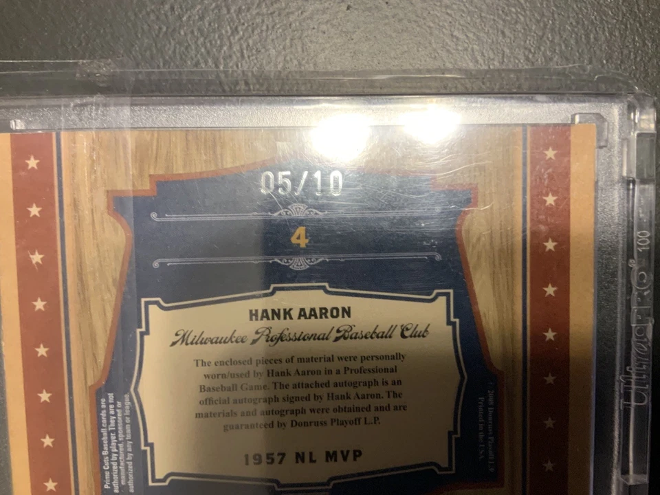 2008 DONRUSS PLAYOFF PRIME CUTS HANK AARON AUTO GAME USED BAT Autograph  /10   - Image 3 of 3