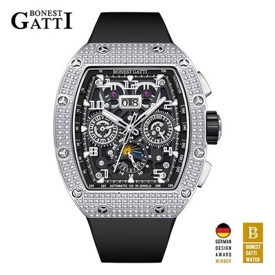 BONEST GATTI Men Black Tonneau Sapphire Multifunction Automatic Mechanical Watch