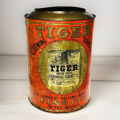 tiger chewing tobacco can Antique Tiger Chewing Tobacco Store Tin EMPTY Canister P. Lorillard Co. -  No Lid