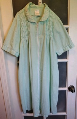 Simply Basic House Dress Green 1X Striped Embroidered Zip Muumuu Peasant Pockets