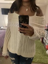 Women Long Sleeve Contrast Lace Knit Pullovers Autumn Winter Cold Shoulder Sweat