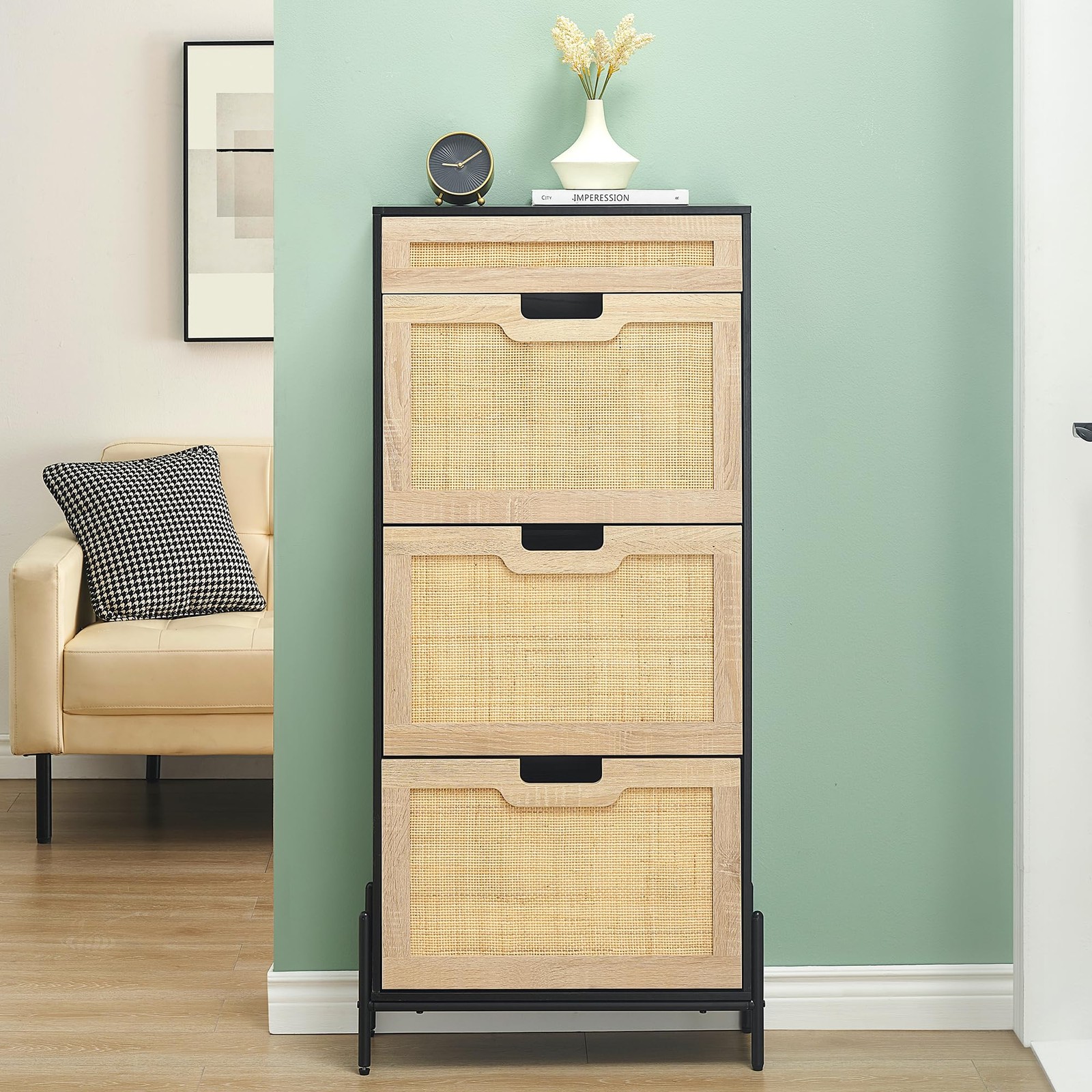 Natural Rattan 3-Door Flip Shoe Cabinet with Drawer Freestanding Organizer