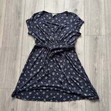 Fat Face Wrap Style Dress Navy Blue Floral Jersey Sleeveless Tie Waist Size 14