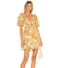 Faithfull the Brand Nikoleta Linen Mini Dress Lined Puff Sleeve Paisley Size 6