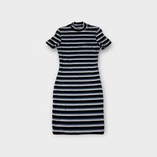 Kookai Black Striped Short Sleeve Cotton Blend Midi Bodycon Dress Womens 1