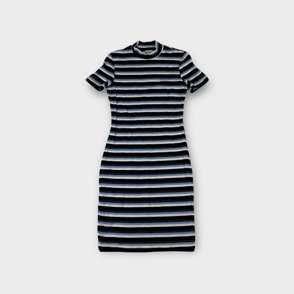 Kookai Black Striped Short Sleeve Cotton Blend Midi Bodycon Dress Womens 1