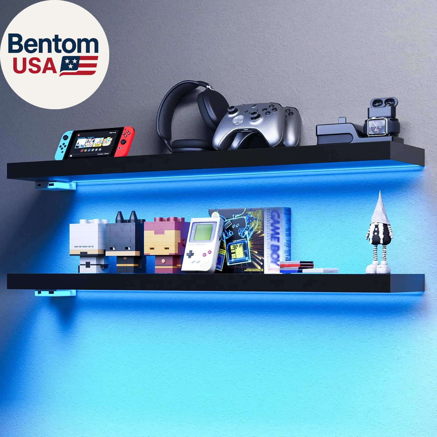 Floating Shelves with RGB LED, 31" Wall Mounted Wooden Shelves with Invisible Br