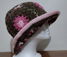 Crochet Handmade Bucket Hat Granny Square New Pink Brown One Size Preppy