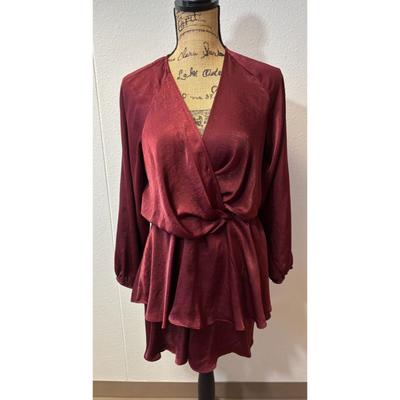 Zara V-neck Tiered Long Sleeves Ruffled Satin Midi Dress Burgundy Women's  Sz XS | eBay