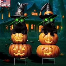 Halloween Black Cat Yard Signs Glow in Dark Decorations 2 Pack Outdoor Decor New