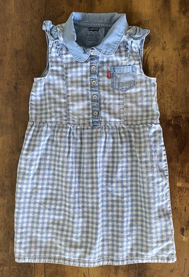 Levi s Girls Dress 4-5 Denim Chambray Gingham Blue White Check Western Picnic