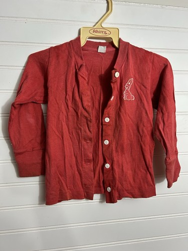 1940s Carter’s Red Baby Shirt Durene Cotton Bunny Applique Vintage Easter Button
