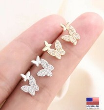 Fashion Women 925 Sterling Silver Jewelry Earrings Crystal Simple Butterfly Stud