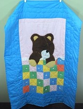 Vintage Handmade Baby Crib Quilt Blanket - Teddy Bear Napping - 54" x 38"