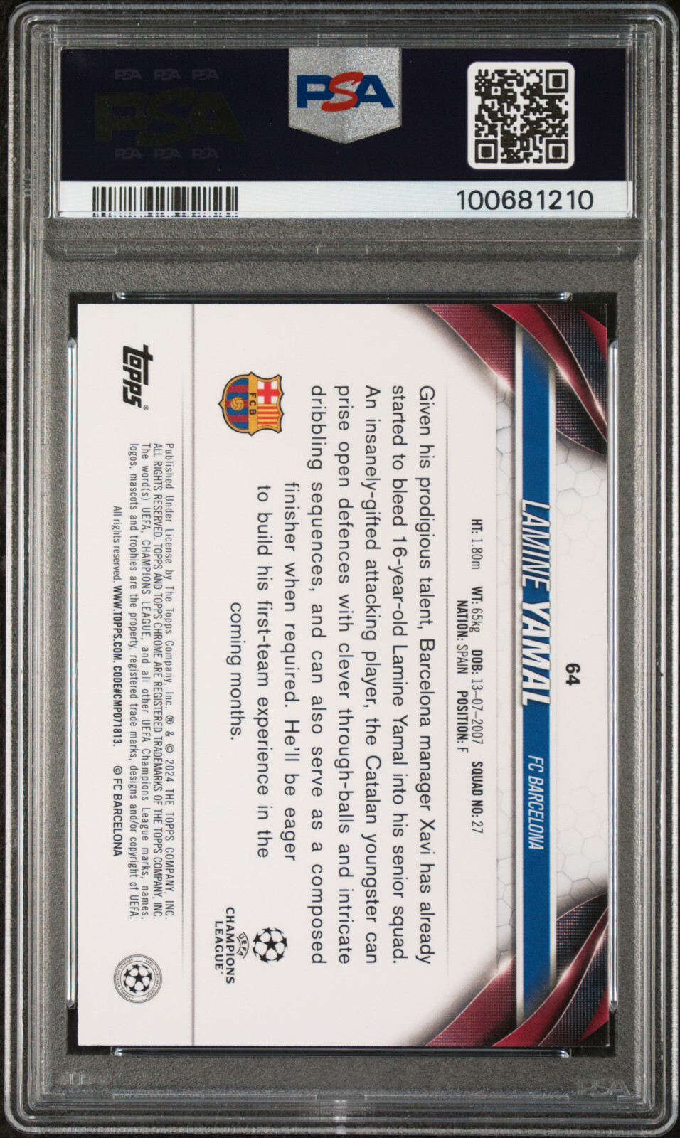 2023-24 Topps Chrome UEFA CC #64 Lamine Yamal Rookie RC PSA MINT 9 Auto Auth view 4