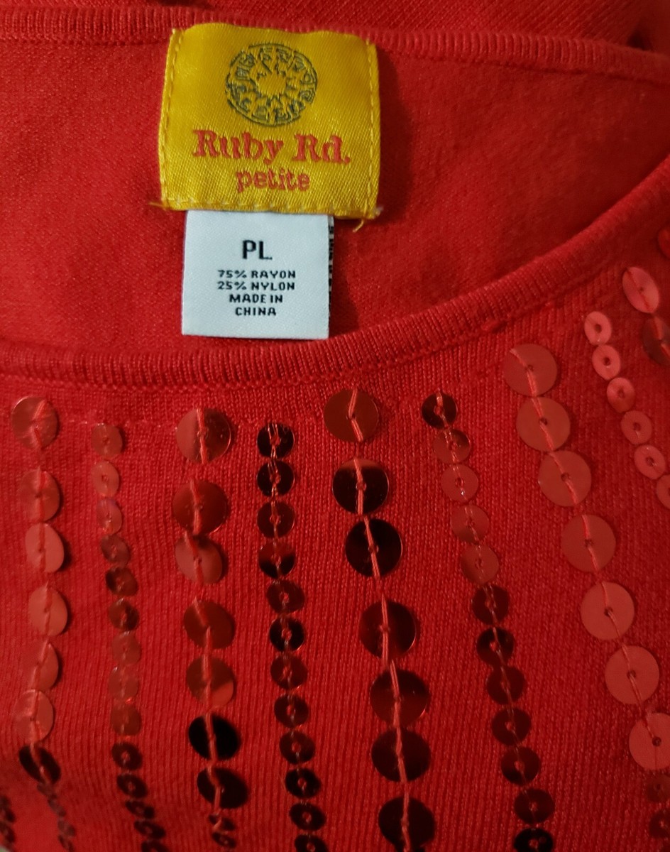 RUBY RD Red Sequin Sweater Top Size Petite Large Thin 3/4 Sleeve