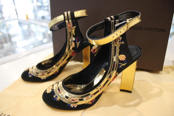 Louis Vuitton Black Satin Floral Embroidered golden Trim Ankle Strap Block  Heels