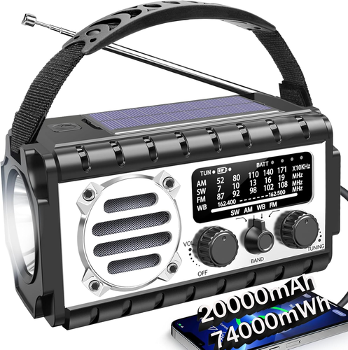 Emergency Radio, 20000Mah/74000Mwh Weather Radio, Solar Hand Crank Radio with AM