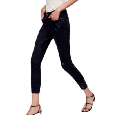 ZARA Basic Z1975 Denim Mid Rise Factory Distressed Crop Skinny Jeans Black Sz: 4