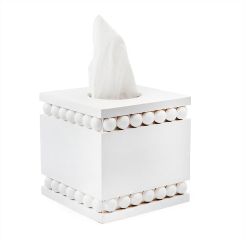 Beaded Tissue Box Cover, Square White; Rustic Farmhouse Wood Tissue Holder - Picture 1 of 10