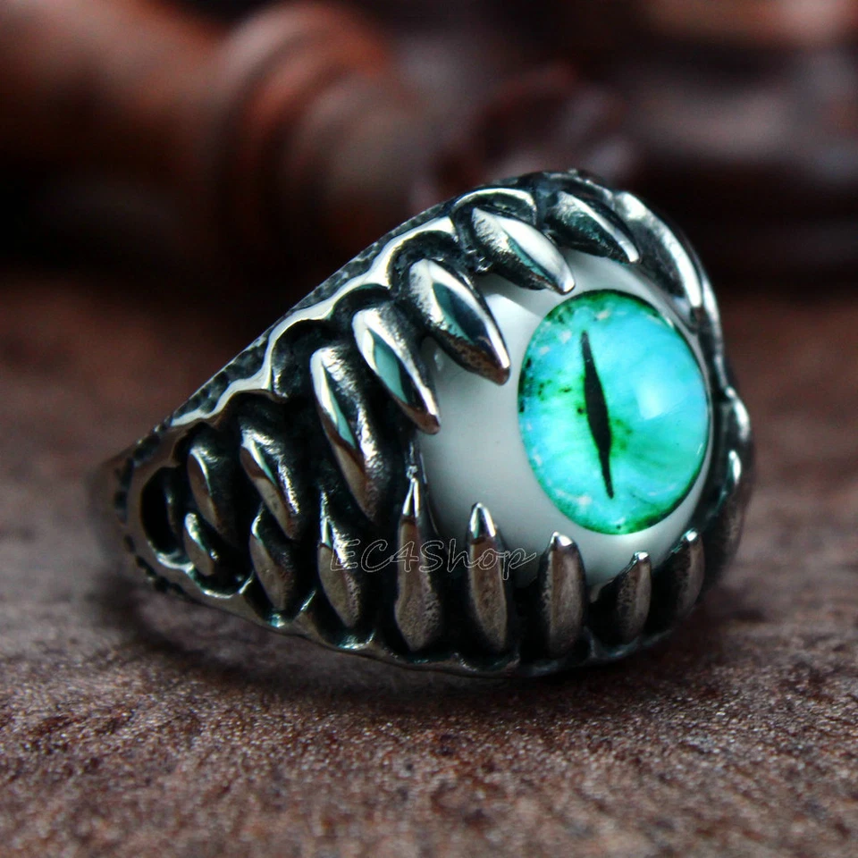 Anillo Retro Para Hombre Turquesa Mal de Ojo Motociclista Garra Dientes de Dragón Acero Inoxidable Foto 3 de 4