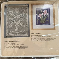 The Creative Circle Kit 1344 Tree Of Life & 1434 Pink Iris Kit VTG'80s Unopened
