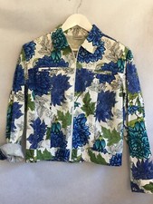 Chico's Womens Sz 1 Blue White Floral Zip Front Long Sleeves Pockets Jacket