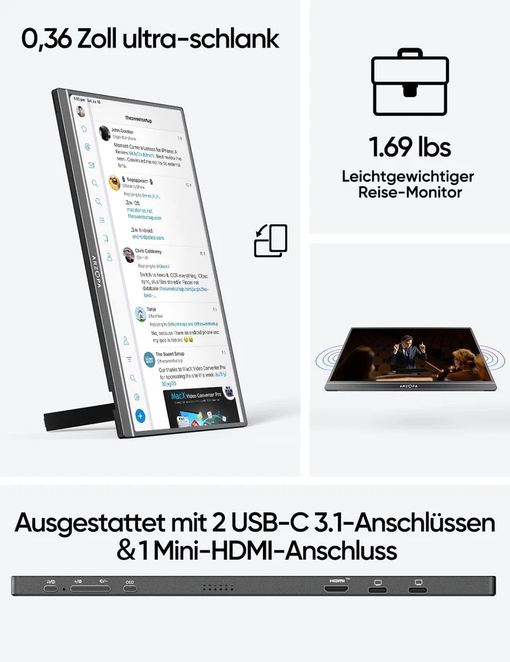 ARZOPA 16.1'' Tragbarer Portable Monitor 1920×1080 FHD IPS Gaming Bildschirm - Bild 3 von 4