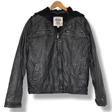 Y2K Route 66 Men's Medium Faux Leather Removal Hooded Moto Jacket Black Grunge