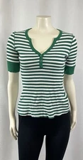 Belle du Jour Green White Striped T Shirt V Neck Cotton Spandex Size M