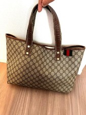 GUCCI GG Supreme Sherry Line Tote Bag Beige Brown Canvas Leather Men