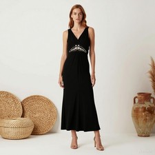 Evening Glam Maxi Dress Black Jersey V-Neck Sleeveless Beaded Stretch US 6