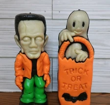 Vintage Halloween Candles Frankenstein & Ghost with Trick or Treat Bag Preowned 