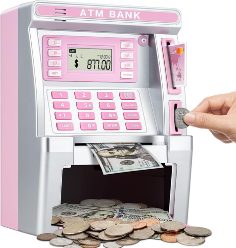 Rosa Sparschwein für Kinder, Geldautomat Bank für Echtgeld mit Debitkarte, Rechnung - Bild 1 von 12