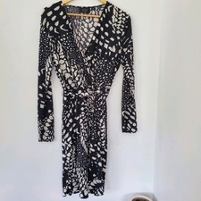 MARA HOFFMAN GYPSY M Black White Leopard Faux Wrap 39" Dress LS Party Office EUC