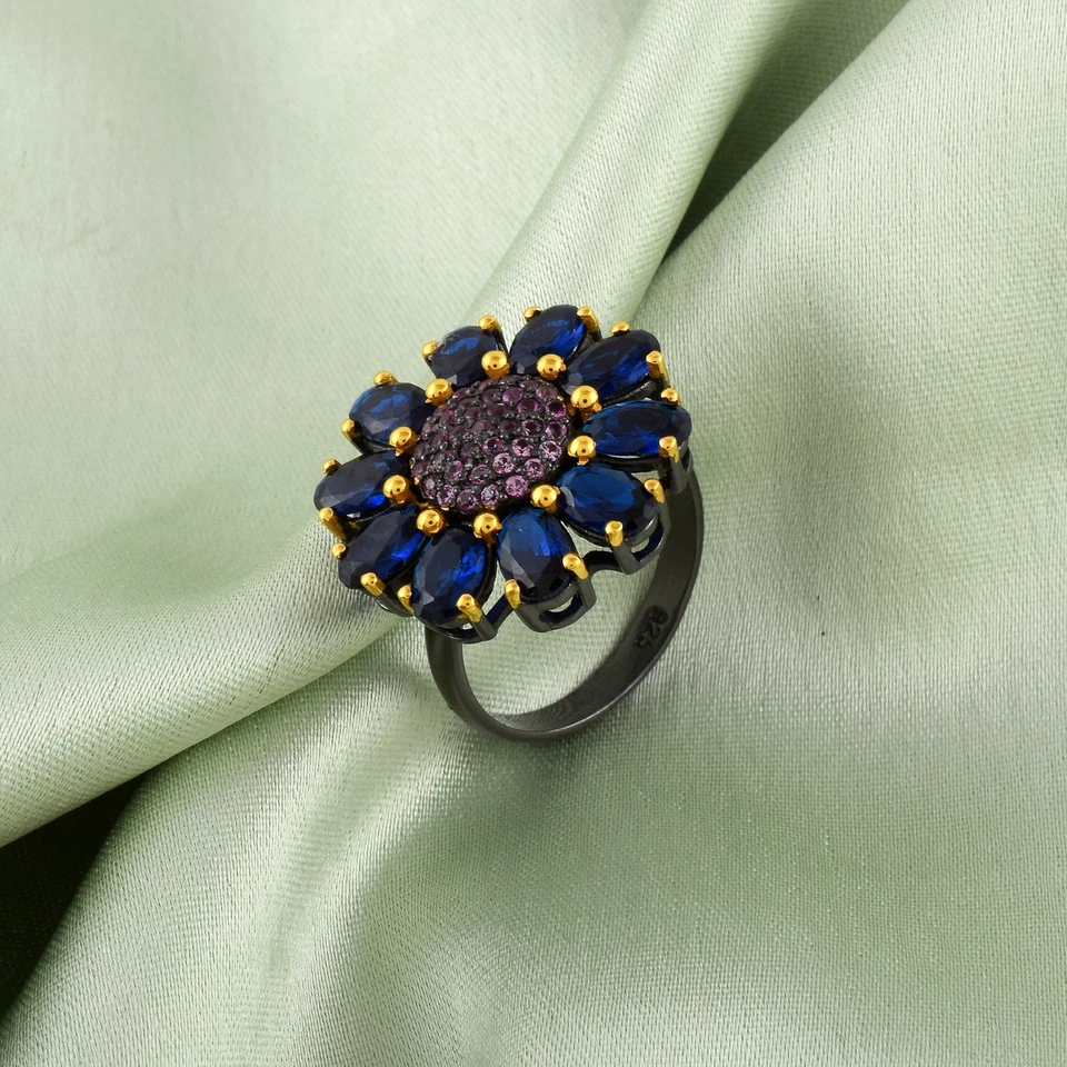 Natural Kyanite Gemstone Pink Sapphire Pave Floral Ring Jewelry Gift Christmas - Image 3 of 4