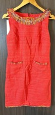 Talbots Tweed Shift Dress Women Orange Lined Cotton Stretch Fringe-Neck Back Zip