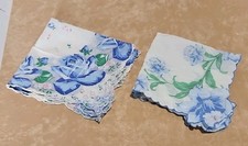 LOT OF 2 VINTAGE OLD BLUE FLORAL COTTON HANKIES   FABULOUS CONDITION
