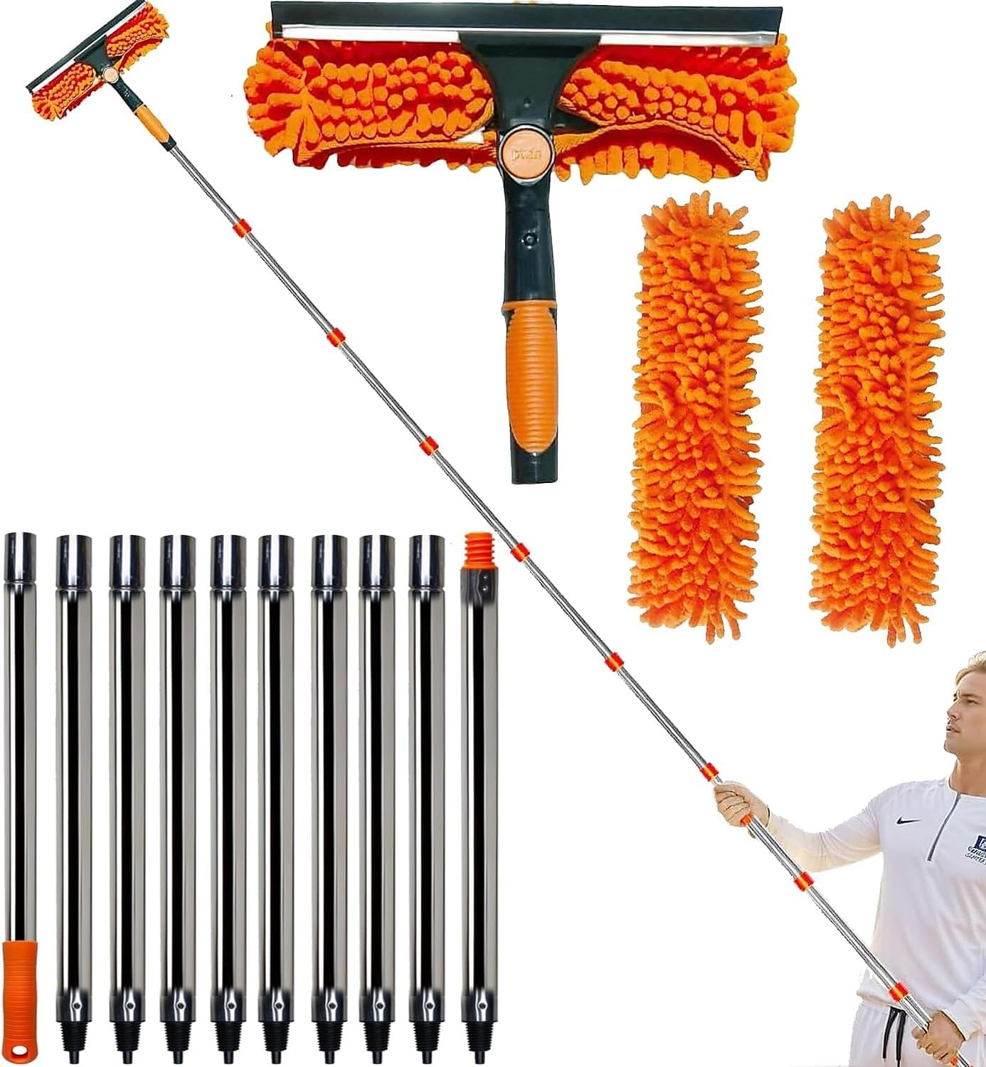 20+ Ft Reach 2 in 1 Window Washing Squeegee with 3-14 ft Spliceable Extension...