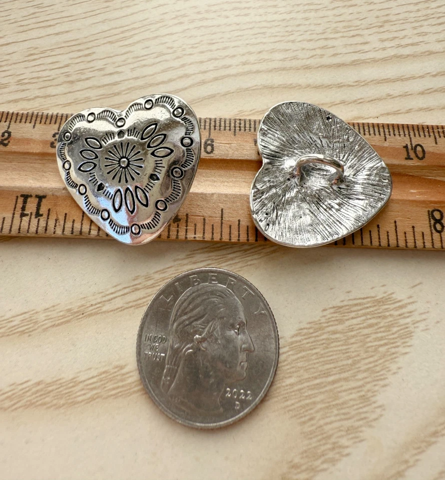 3PC Antiqued Silver Heart Metal Buttons Sewing Button Shank Native American Conc - Image 2 of 3