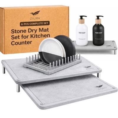 6 PCS Stone Drying Mat Set for Kitchen Counter, 2 Large Diatomaceous Earth Di...