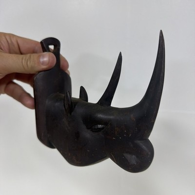 Vintage Afrikanischer Nashorn Kopf Wandbehang Haken Ebenholz Holz Skulptur Handgeschnitzt