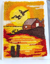 Vintage Latch Hook Rug Sunset Cabin Birds Water Wall Hanging Finished Art