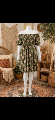Coco & Shay Plus 3XL Off Shoulder Floral Dress Green Smocked Boho