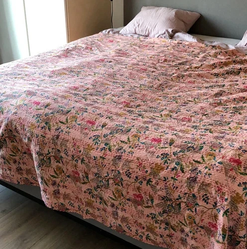 Indian Kantha Quilt Paradise Print Pink Coverlet Cotton Blanket Throw Bedspread